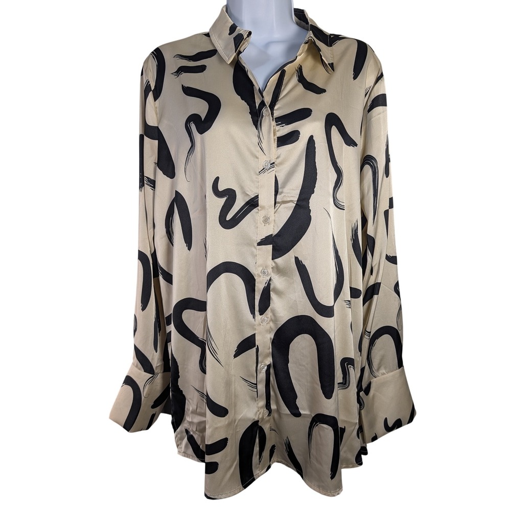 Milk & Honey Beige Abstract Brushstroke Satin Button Down‎ Oversized Blouse XL